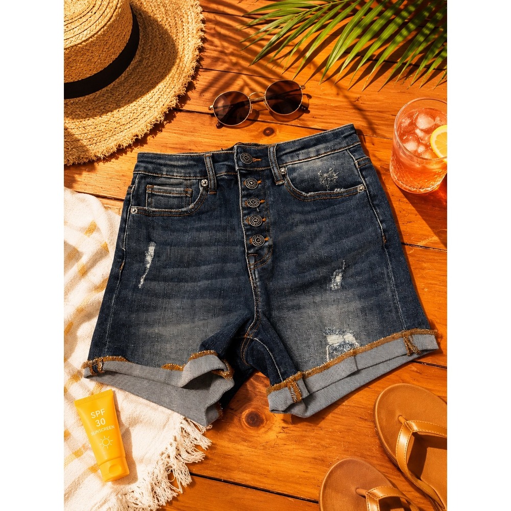 Risen Los Angeles High Rise Distressed Button Fly Denim Shorts Dark Wash Small